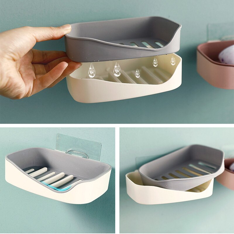 Jabonera autoadhesiva montada en la pared para platos, esponja, No perforante, caja de almacenamiento, estante, jabonera de baño de doble drenaje