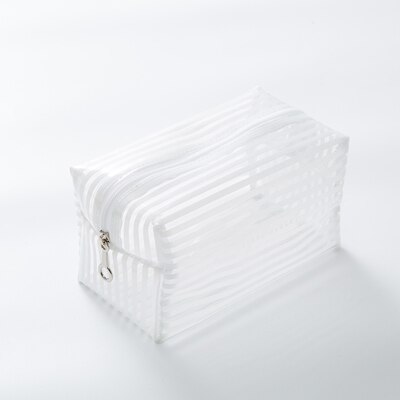 Portable Waterproof Transparent Makeup Bag Striped Zipper Cosmetic Organizer Women Travel Toiletry Bag: White / Size L