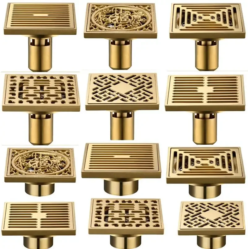 Desagüe de suelo dorado de 10x10cm, drenaje grueso de latón para prevención de olores, ducha, baño, balcón, lavadora, desagüe de suelo
