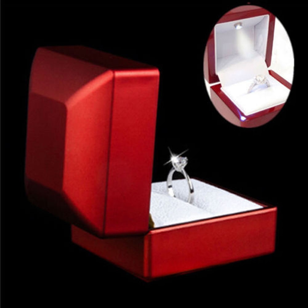 Luxury Ring Leather Box with LED Light Engagement Wedding Rings Case Boxes Red