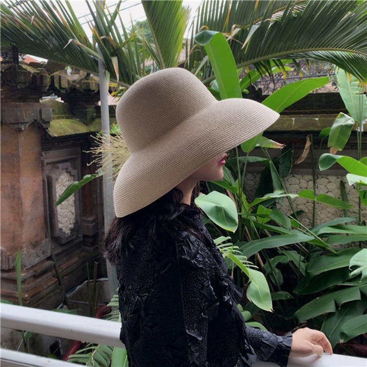Hepburn Style Summer Japanese Straw Hat Sunken Bell-shaped Big Eaves Beach Hat Vintage Fold Fisherman Cap Atmosphere