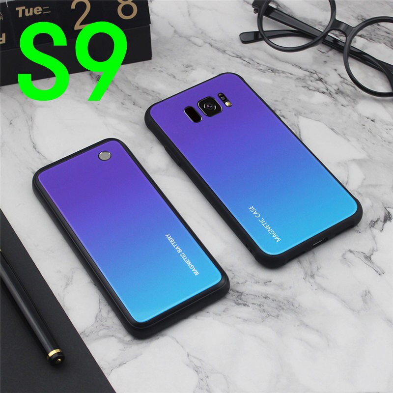 Slim Gradient Tempered glass Magnetic Wireless charger Case For Samsung Galaxy S8 S9 Plus Power Bank Battery Charging Case Cover: S9-Purple