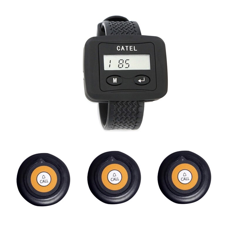 Long Distance Transmitter Wireless1 Wrist Watches Receiver Black +3 Ultrathin Call Buttons Pager White For Restaurant Cafe: Black