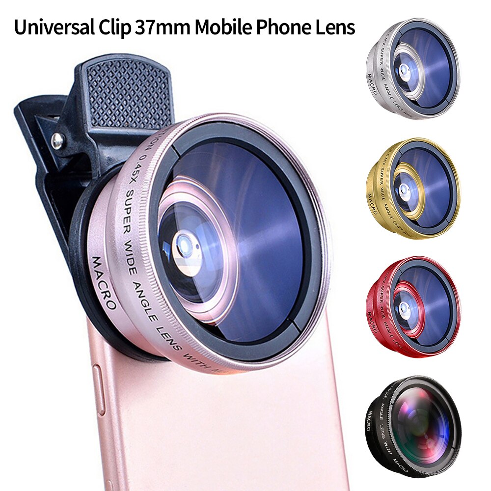 Lente 2 en 1 de 37mm, Clip Universal para teléfono móvil, lente Super gran angular de 0.45x 49uv + lente Macro HD para iPhone y Android
