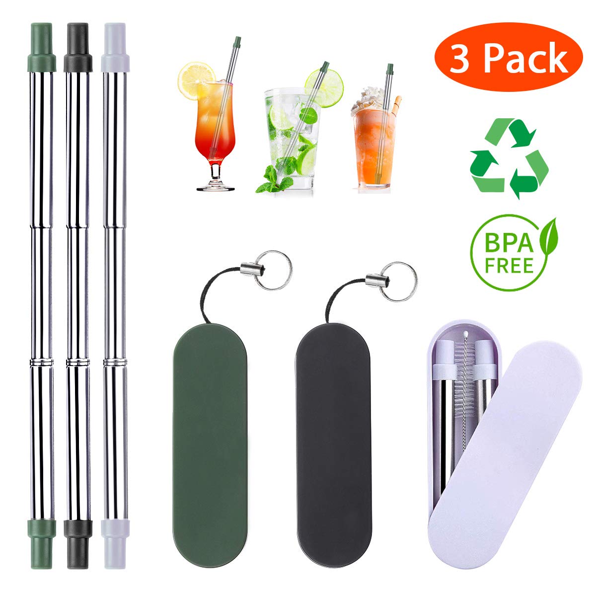 Telescopic Drinking Straw Collapsible Straw Foldable Reusable Metal Straw With Keychain Hole for Travel Outdoor Bar Accessories