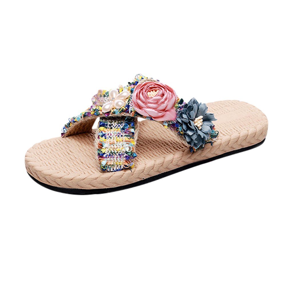 Vrouwen Bloem Strand Schoenen Zomer Antislip Meisjes Mode Strand Schoenen Vlas Vrouwelijke Bloemen Slippers Bohemian Strand Schoenen # 0706LJC