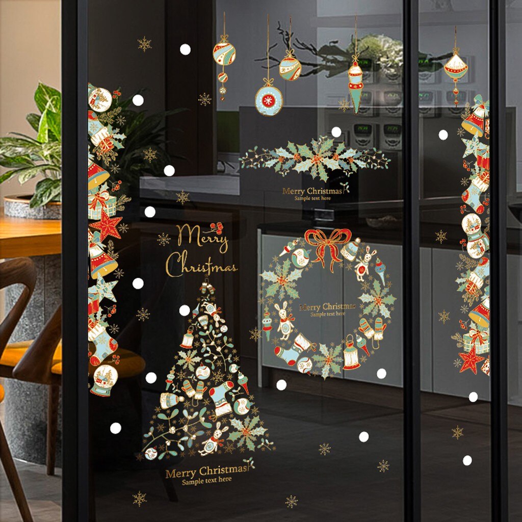 Christmas Printed Wall Sticker Wreath Christmas Tree Household Window Room Wall Sticker Mural Decor Decal Removable Window Decor
