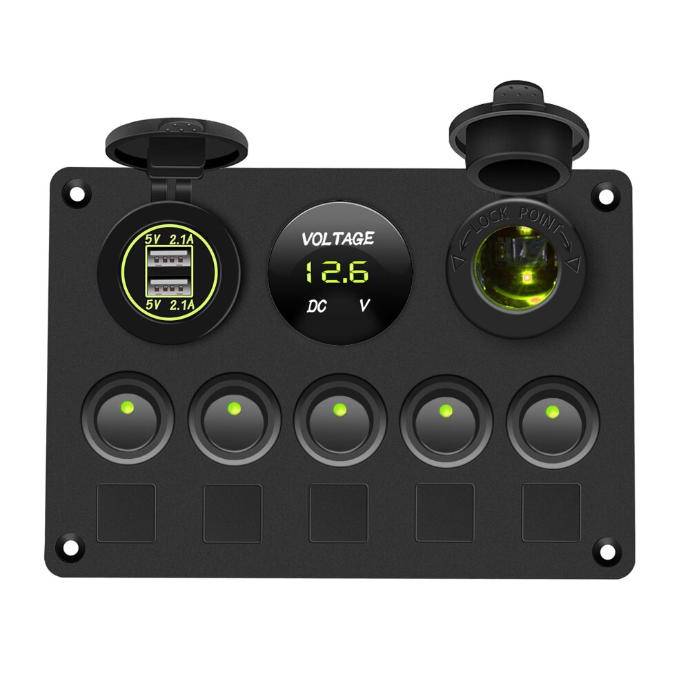 Boot Schalter Panel Auto Schalter Panel Wasserdichte Digital Voltmeter Dual USB Port 12V Outlet Kombination Marine LED Rocker 5 gang: green