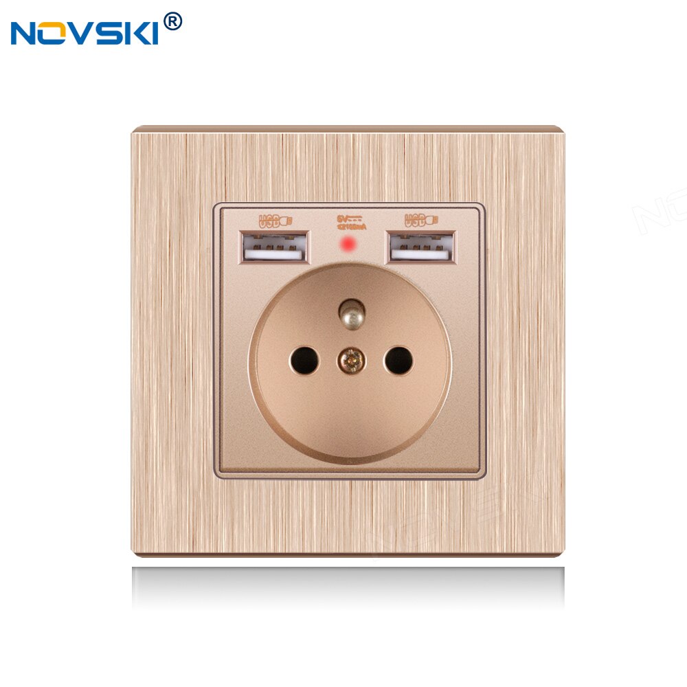 NOVSKI French Power Socket, Electrical French Outlet, 2.1A Dual USB Charging Port with Soft LED Indicator, White, Black, Gold: PC gold texture