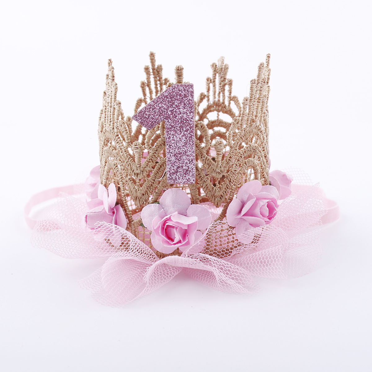 Serre-tête de princesse pour anniversaire de petite fille,accessoire en dentelle et fleurs, joli d&#39;anniversaire pour bébé,: Pink