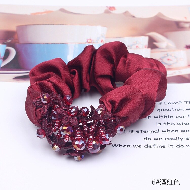 Vrouwelijke Elegante Kralen Armband Crystal Haarband Satijnen Doek Dikke Darm Ring Dikke Hoofd Rop Zuid-korea Haaraccessoires: 6  Wine Red Color