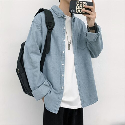Chaquetas vaqueras de hombre único Breasted Harajuku calle Oversize 4XL Baggy adolescente-encuentro de primavera Retro prendas de vestir Casual: Light Blue / Asian Size M