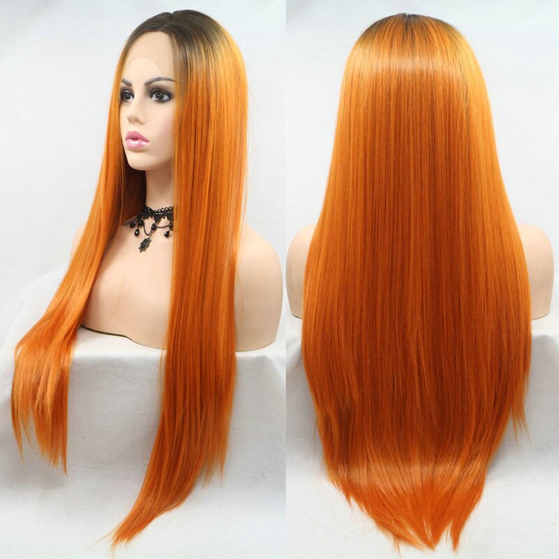 Bombshell-peluca con malla frontal pelo sintético ombré naranja, liso, resistente al calor, fibra, para fiestas