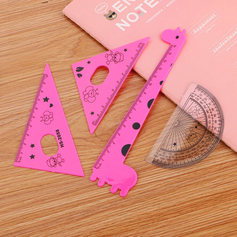 1 Set Student Ruler 4pcs Cute Cartoon 3 Colors Giraffe Animal Students' Ruler Meter Ruler Triangle Ruler