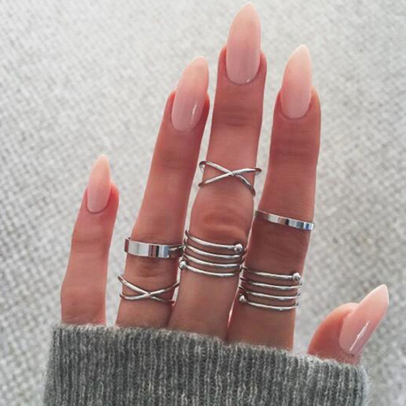 6 Stks/set Vrouwen Ring Set Retro Overdreven Joint Ringen Voor Vrouwen Cross Tussen Lente Ring Enkele Ring Vrouwen Ringen