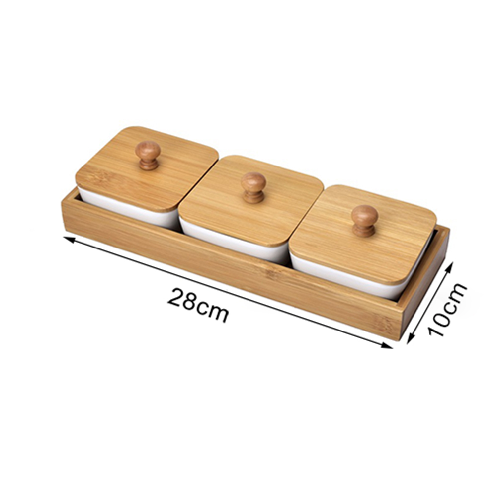 Japan Style Kitchen Organizer Ceramic Bowls Food Storage Containers with Bamboo Lid and Pallets Snack Serving Tray: 3 Bowl with Lid Tray