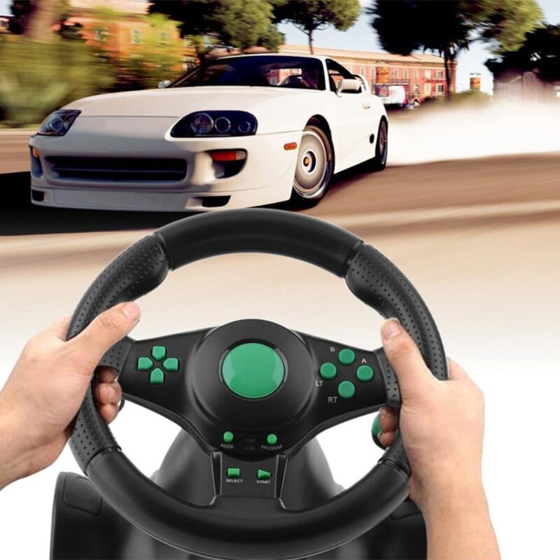 Gaming Steering Wheel with Pedals 180 Degree Rotation Vibration USB PC Steering Wheel Compatible with XB360/PS3/PS2/PC B03C