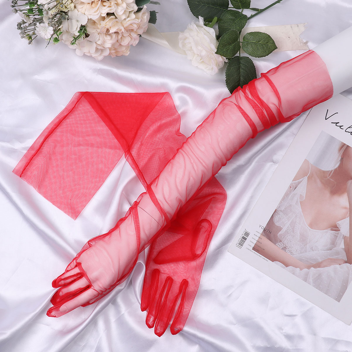 Elegantes guantes largos de tul transparente para mujer, guantes largos sexis de dedo completo para boda y , accesorios para damas de fotografía