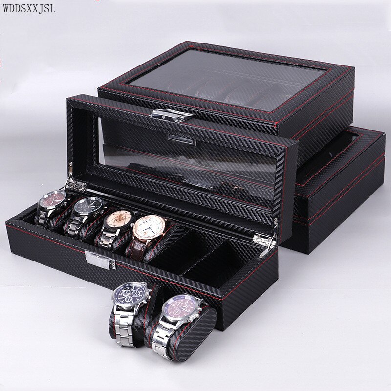 WDDSXXJSL carbon fiber leather 10 digit rectangular watch box jewelry display storage box home decoration packaging box