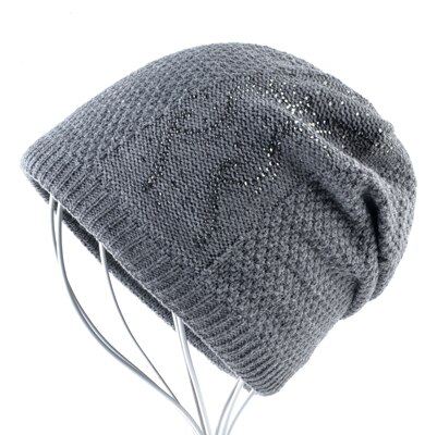 Varm strik beanie med rhinestones vinter dobbelt foring hatte til kvinder fletning ensfarvet skullies beanies dame kasket: Grå