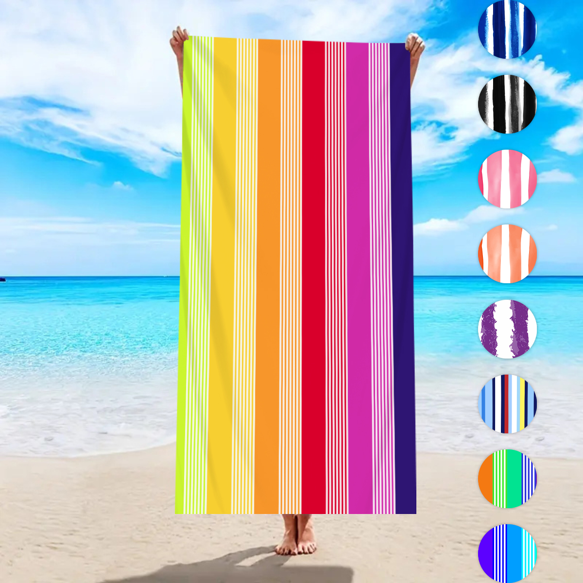 1pc elegante colorido listrado grande toalha de praia, toalha de praia de natação absorvente de secagem rápida, disponível em várias cores