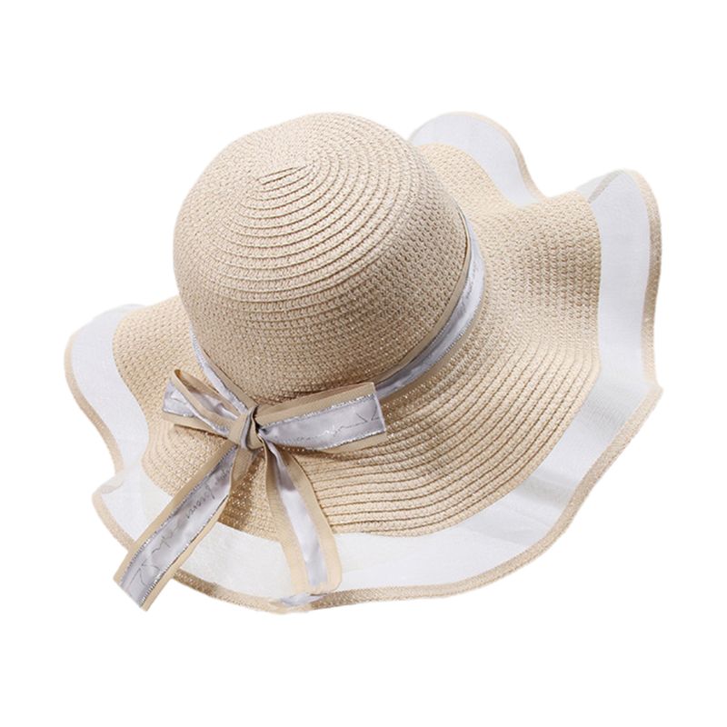 Dames zomer geweven stro slappe zonneklep hoed mesh splicing letters lint strik 56-58cm: Zijn