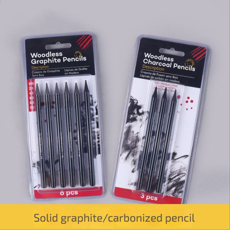 Juego de lápices carbonizados para dibujo, lápiz de grafito de núcleo sólido, suave, medio, duro, carbón vegetal completo, 3/6 piezas
