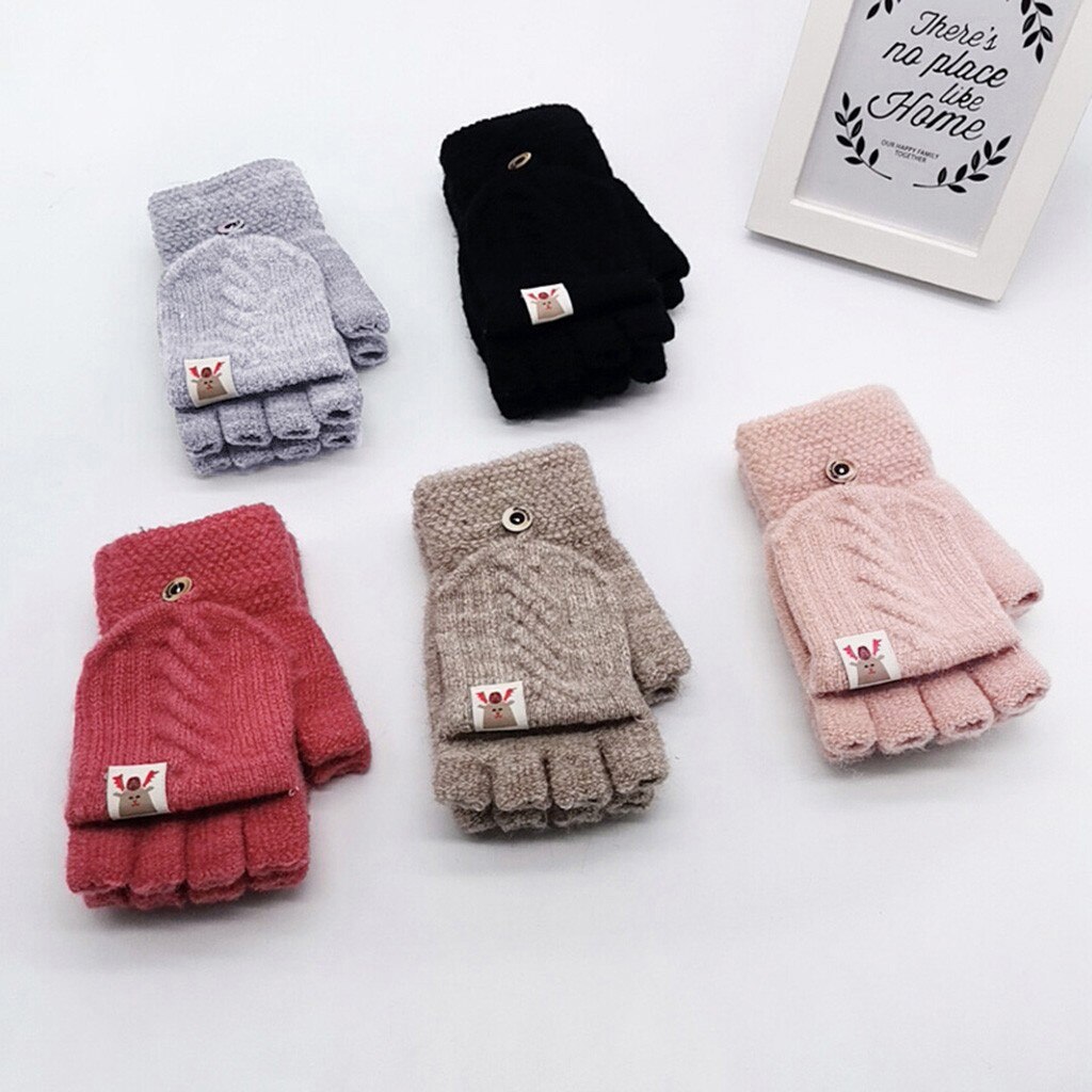 Guantes de invierno de para niños, guantes cálidos de punto Convertible con tapa abatible, sin dedos, manoplas gruesas, L3