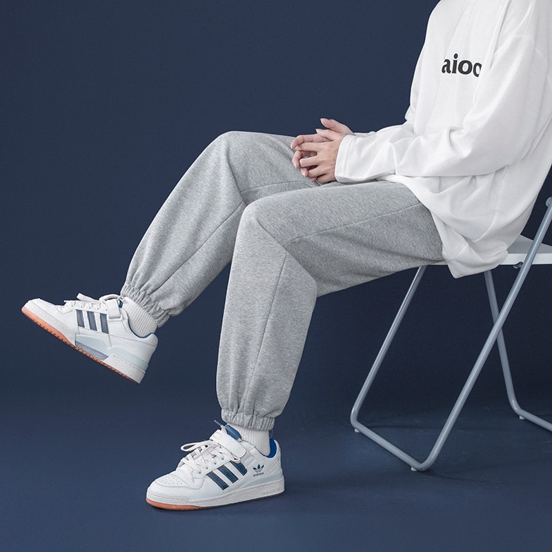 Pantalon de survêtement gris clair à jambes larges pour homme, Style coréen, décontracté, cravate aux pieds, automne