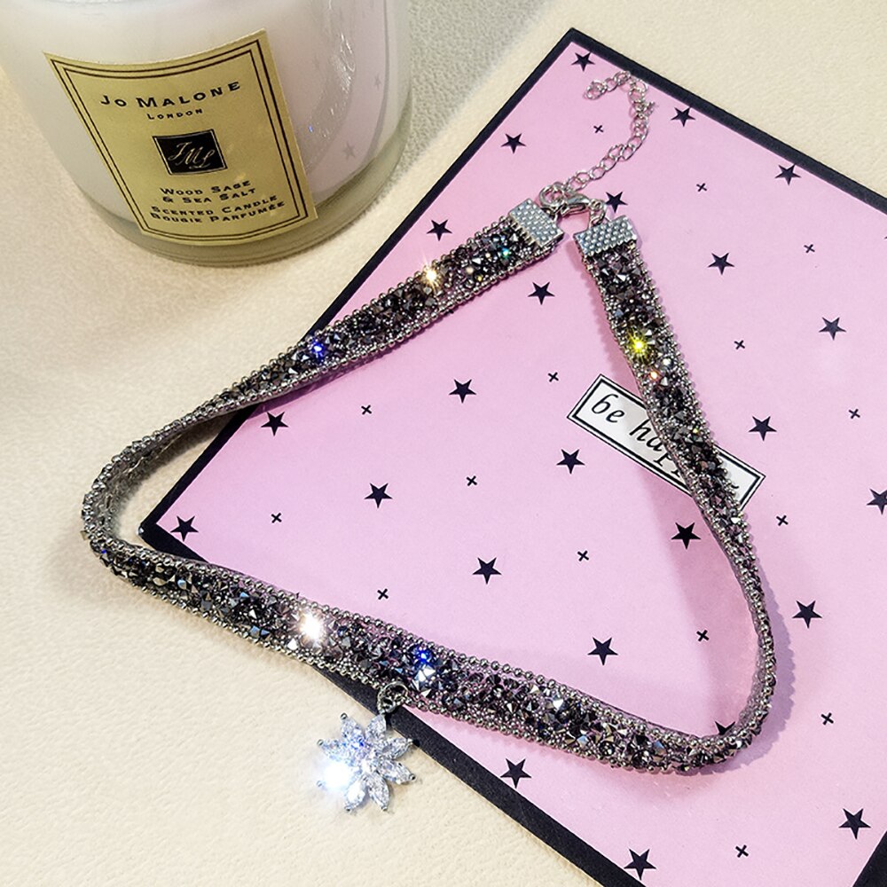 Moda cristal gelo flor pingente colar ajustável chique punk glitter gargantilha metal corrente para jóias femininas
