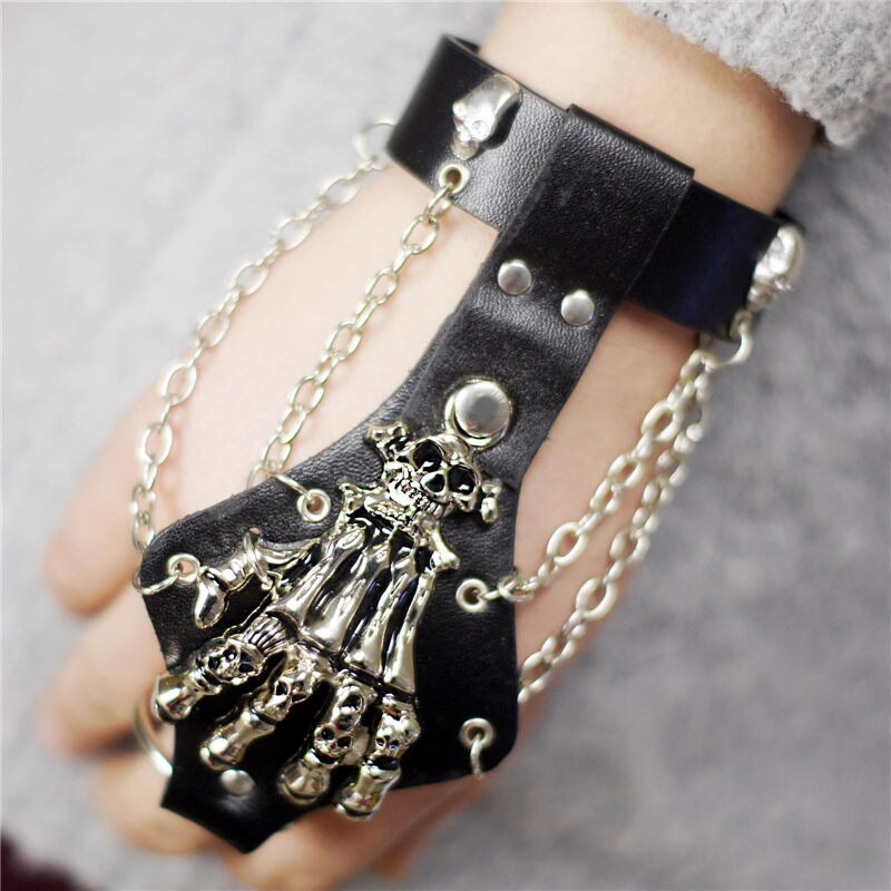 Unisex cool punk rock gotisk skelet kranium hånd handske kædeled armbånd armbånd læder armbånd  s244