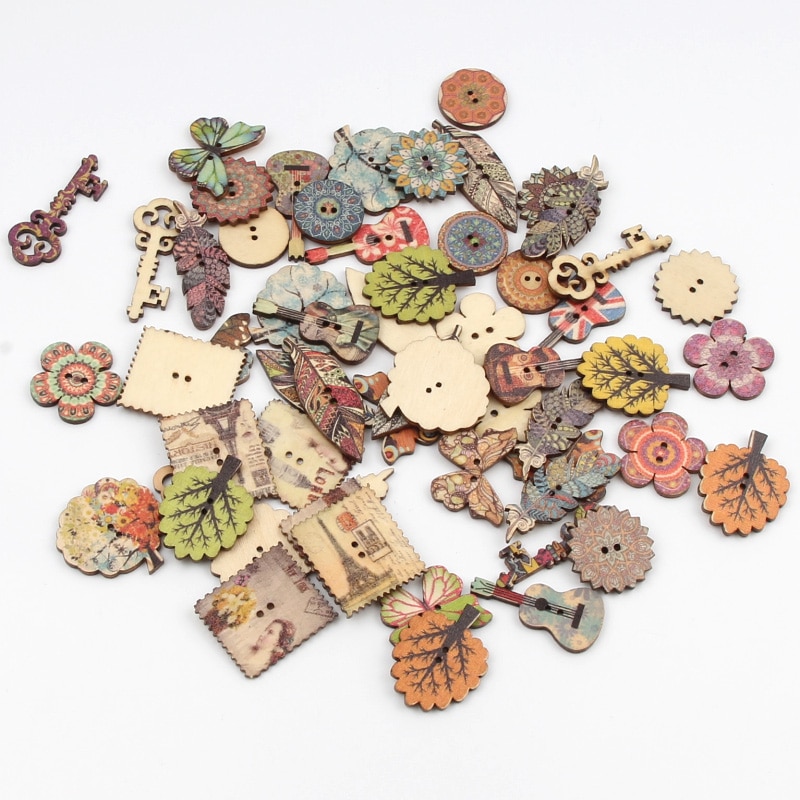 20pcs Mixed Retro Series Wooden Buttons For Clothing Sewing Decorative Needlework Scrapbooking Crafts DIY Accessories