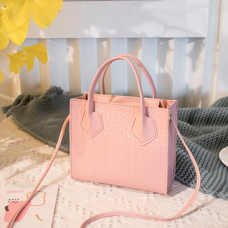 Krokodille crossbody håndvesker pu veske kvinner årgang klassisk fast skulderveske dame liten trend veske: Rosa