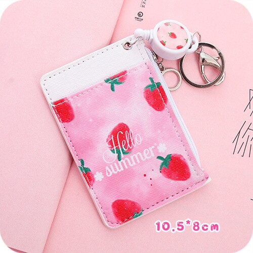 Cute Retractable Reel Coin Purse Women Mini Slim Wallet Student PU Small Clutch Female Cartoon Card Holder Bag Wallet: Strawberry