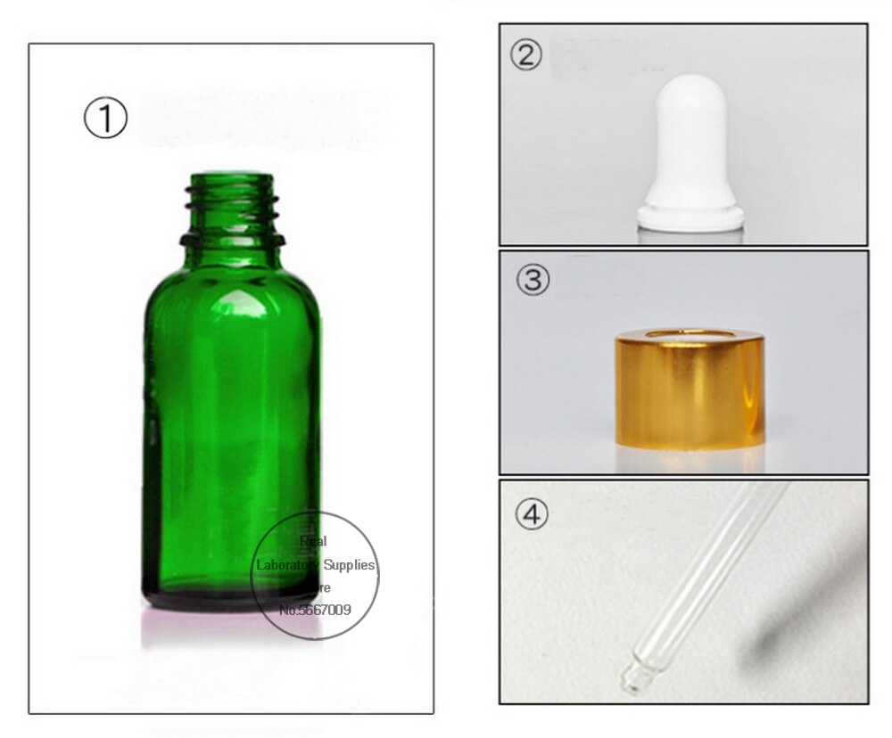 10 unidades/lote de 5ml a 50ml de botella de aceite refinado de vidrio redondo verde de laboratorio con cuentagotas de vidrio círculo dorado para experimento escolar