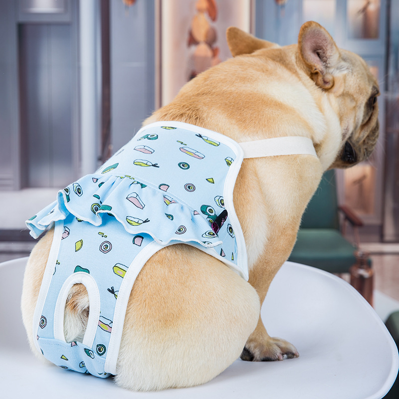 Pantaloncini fisiologici per cani femminili pannolini per cani in cotone con stampa cartone animato per bulldog francese intimo mutandine sanitarie pantaloncini morbidi: Blu / S