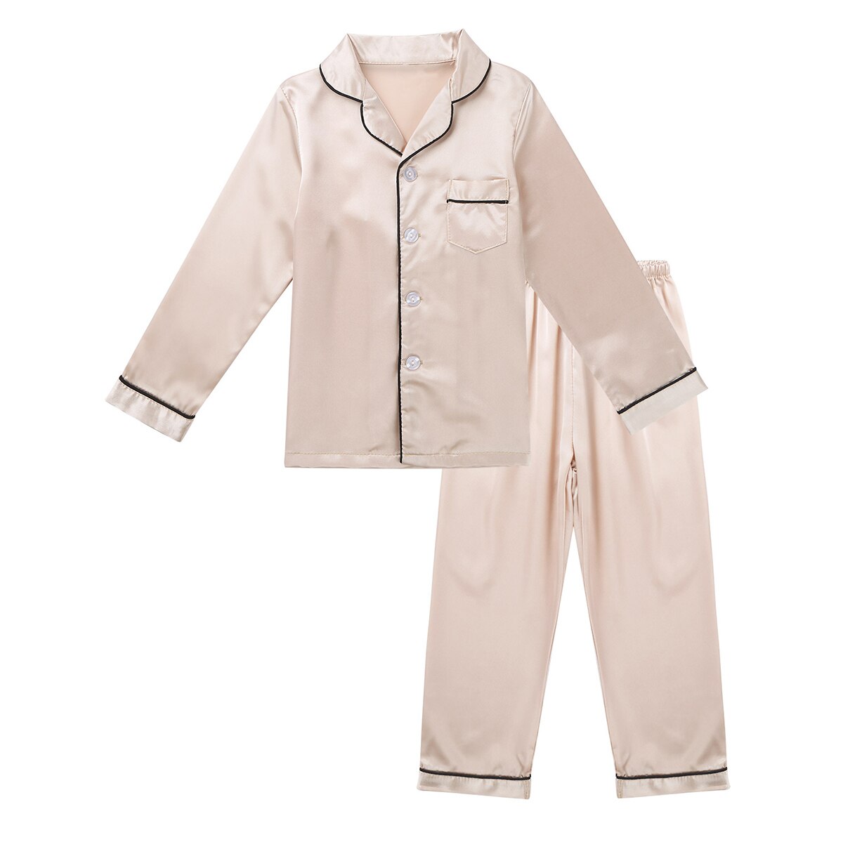 Iiniim unisex kinder jongens meisjes tweedelig klassiek zijden pyjama set knoopjes tops met lange mouwen met broek set nachtkleding loungewear: Champagne / 160