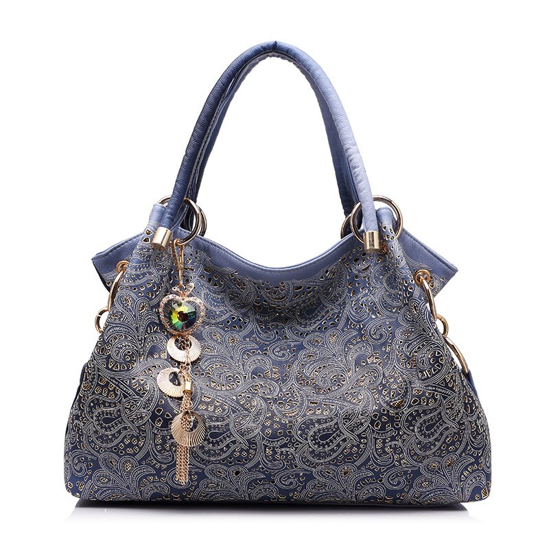 REALER Bolsos De Mujer ahuecados ombre estampado floral bolsos de hombro tipo bandolera bolsos de cuero de pu de las señoras bolso de mensajero de femenina: blue