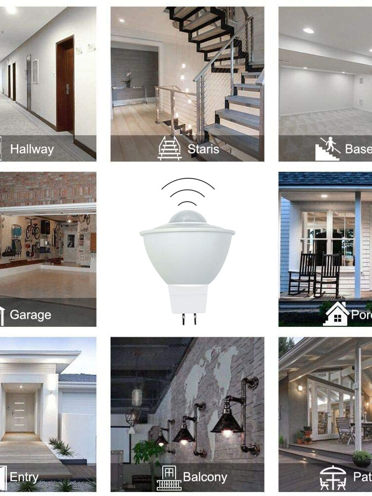 MR16 PIR Sensor de movimiento luz GU5.3 bombilla LED 4W 12V AC DC pasillo luz sensible balcón Patio bombilla lámpara de área pública