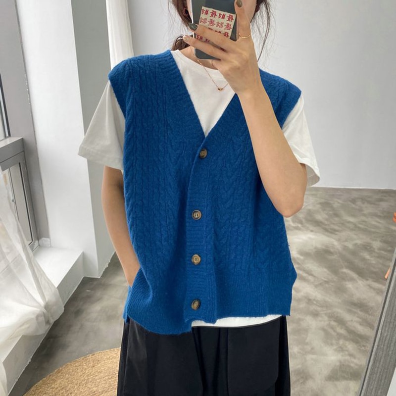 Mouwloos gebreid vest dames losse v-hals trui dames vintage kleding effen knoop winter en herfst korea