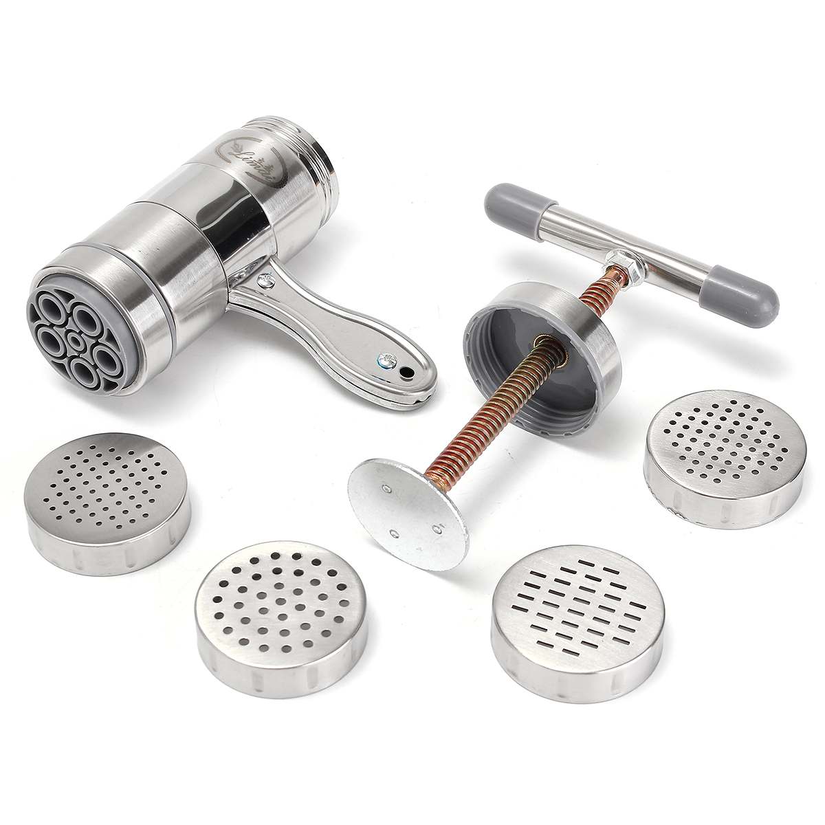Roestvrij Staal Handmatige Pasta Machine Noodle Maker Pasta Spaghetti Persmachine Huishoudelijke Persmachine Met 5 Drukken Mould