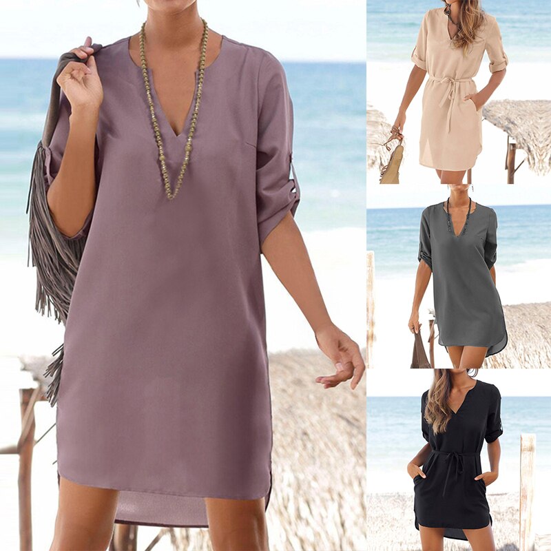 Women Beach Dress Short Tunic Shirts Dress Vestidos Solid V Neck Sundress Vintage Pockets Loose Chiffon Party Dress Cover