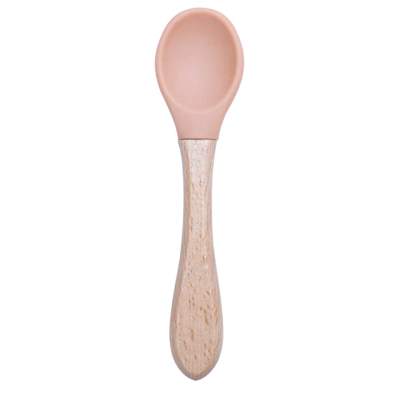 Cuchara de manija de madera silicona para alimentación de niños, utensilios para comer comida sólida, entrenamiento, capacidad de manipulación, vajilla