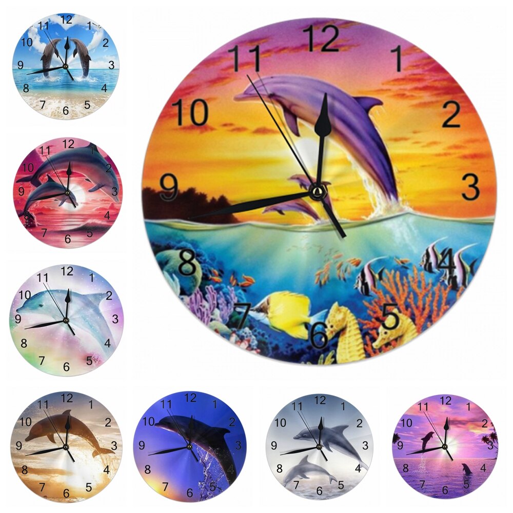 Dolphins 25CM Round Wall Clocks Decor Numeral Digital Dial Mute Silent Digital Clocks Battery Operated Clocks Living Room Wall