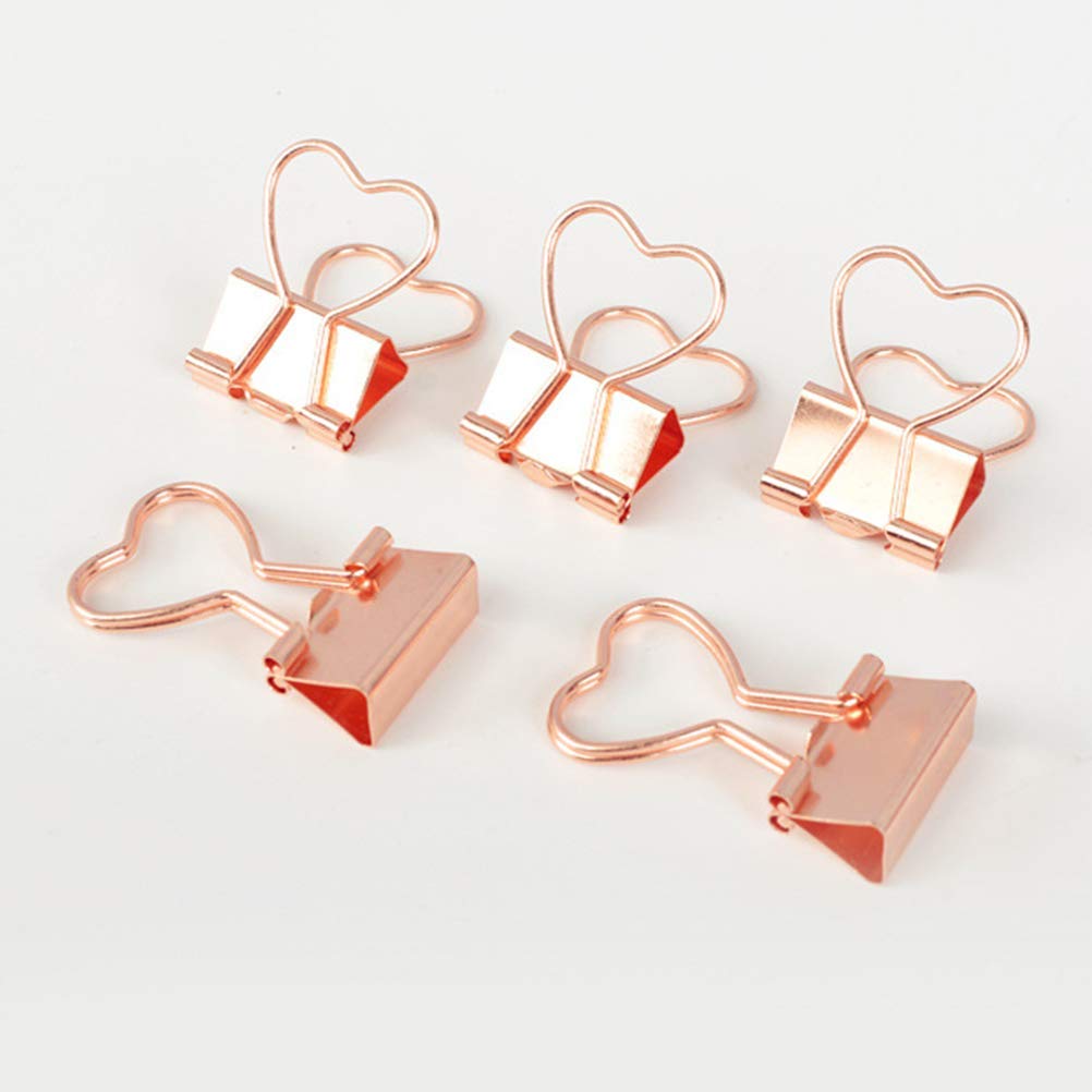 12PCS Heart Shape Binder Clips Skeleton alloy Paper Clips Foldback File Clips School Office Stationery Supplies (Rose Gold)