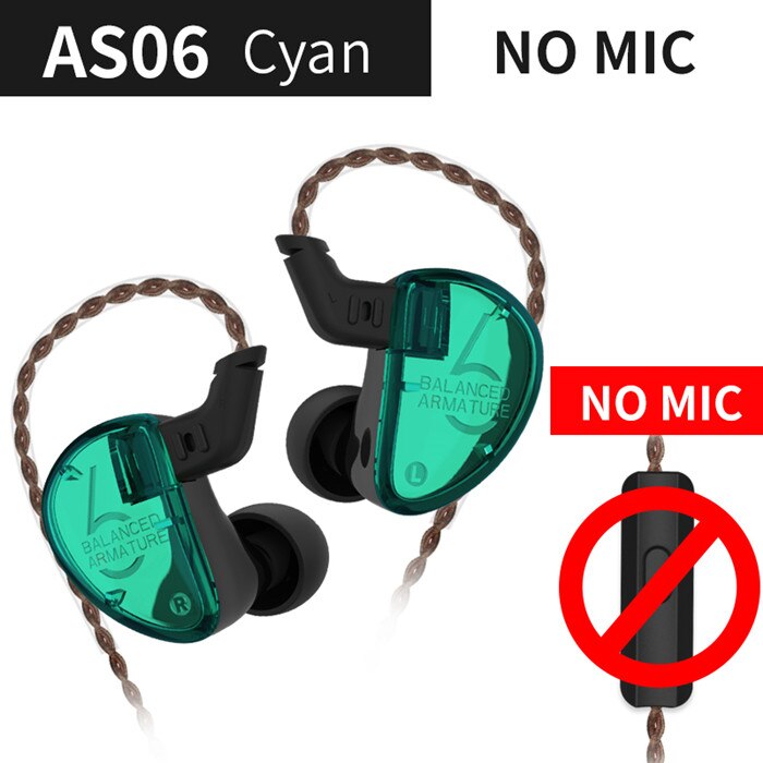 KZ AS06 Oortelefoon 3BA Balanced Armature Driver HIFI Bass Hoofdtelefoon In Ear Monitor Sport Headset Noise Cancelling Oordopjes Groen: Cyan No mic