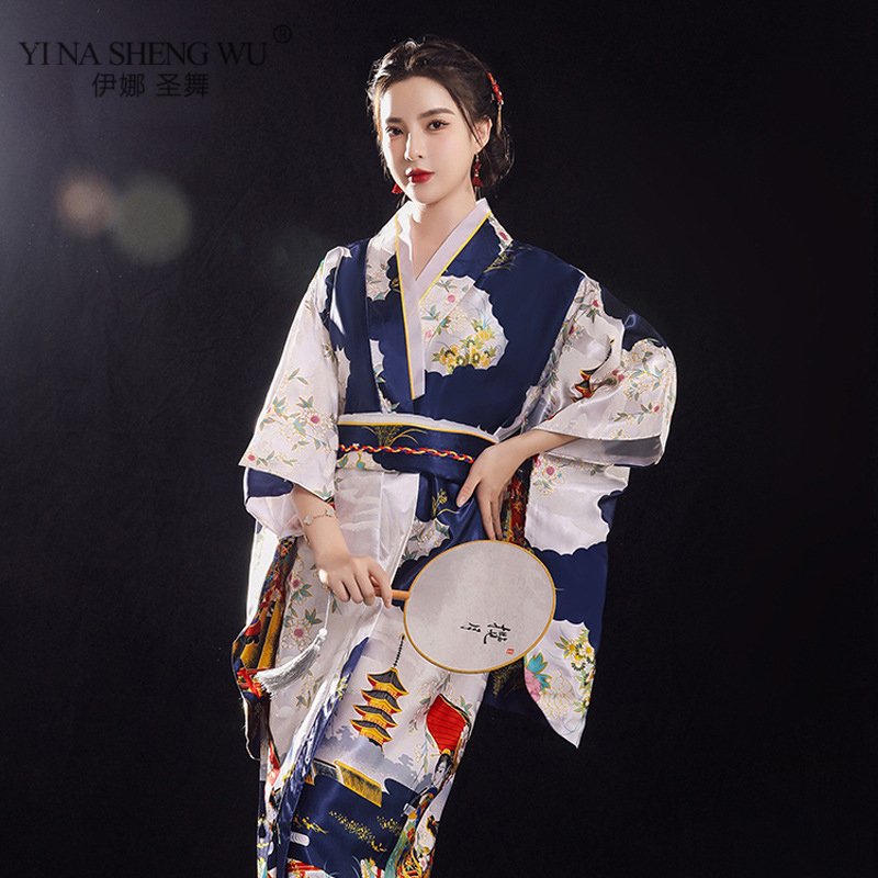 Kimono japonés Sexy para mujer, traje de Cosplay tradicional, de satén Floral, talla única, Yukata con Obi, novedad: H0058-4 Navy blue