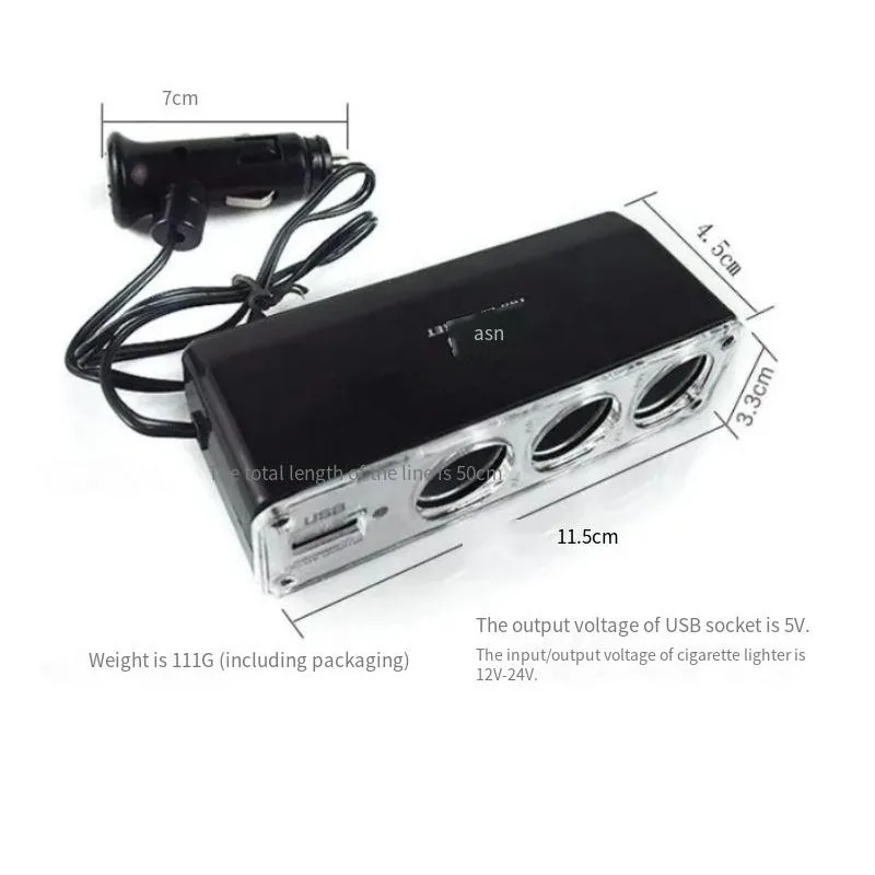 Auto-Feuerzeug-Adapter, Ladegerät, Adapter, dreifacher Splitter, Feuerzeug-Ausgang, 12 V, ABS, Schwarz, Zigarren-Auto-Adapter, Feuerzeug, mehrere Steckdosen, USB-Anschluss