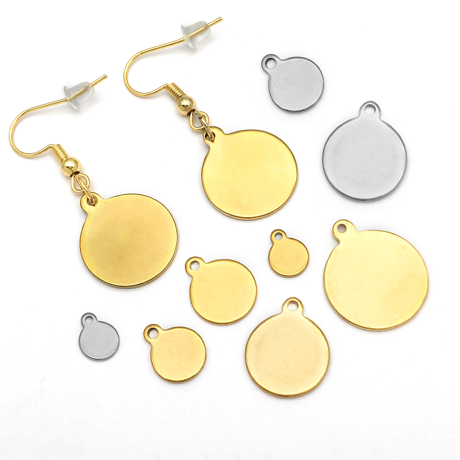 10 st rostfria berlocker runda tomma skivor metallhängen för gör-det-själv armband halsband örhängen smyckestillverkning tillbehör