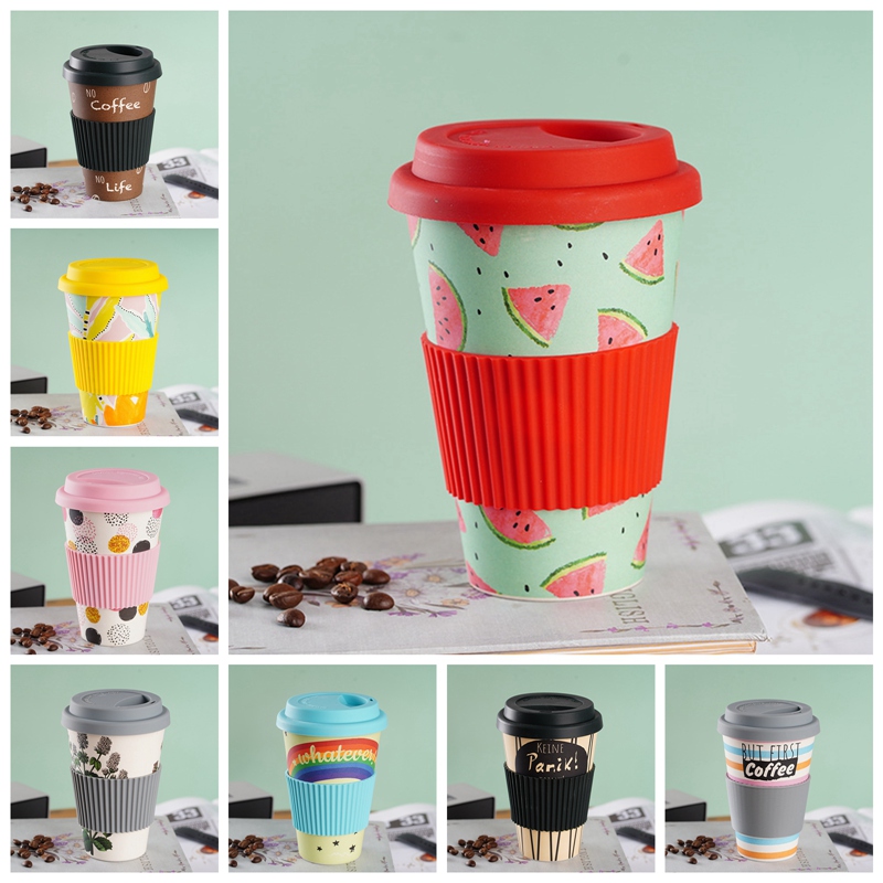Tasse à café en fibre de bambou, 500ml, réutilisable, pour les voyages en plein air, pour boire du thé, de l&#39;eau et du jus, avec couvercle